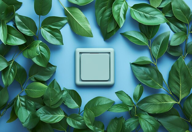 Ecofriendly light switch surrounded by lush green leaves on a vibrant blue background