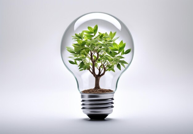 Ecofriendly lightbulb from fresh leaves top vie concept of Renewable Energy and Sustainable Living