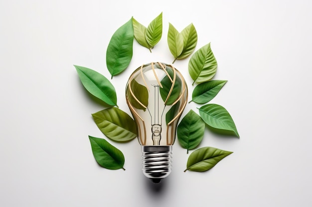 Экологичная лампочка из свежих листьев, вид сверху, концепция возобновляемой энергии и устойчивого образа жизни, созданная с помощью технологии генеративного искусственного интеллекта