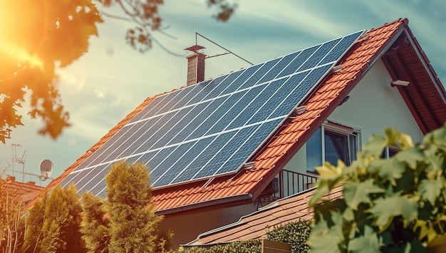 Ecofriendly living Solar panels installed on a red tile roof under a clear blue sky provide