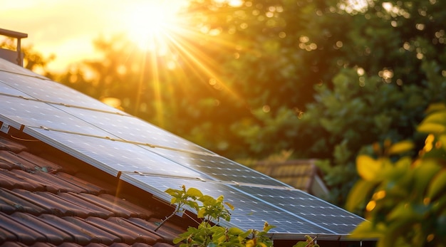 저녁에 지붕에 큰 태양 전지 패널이 있는 친환경적인 현대적인 집은 지속 가능한 생활과 에너지 효율성을 보여줍니다.