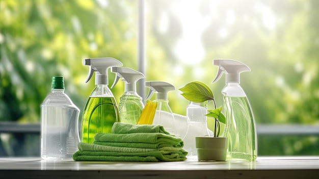 EcoFriendly Natural Cleaning Products Homemade Green Detergent Soap Spray and ToxicFree Solutions on Table and Window Background Generative AI