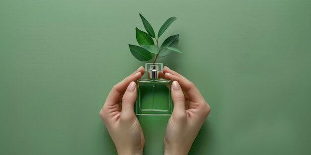 EcoFriendly Perfume Concept with Green Leaves on a Sage Background