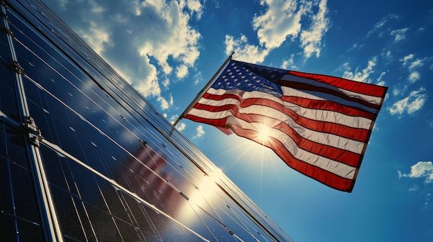 EcoFriendly Power Generation A CloseUp of American Flag Amid Solar Panels at a Solar Power Plant