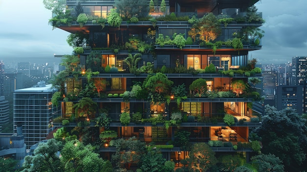 사진 태양광 패널과 수직 정원을 가진 친환경적인 마천루 녹색 건물