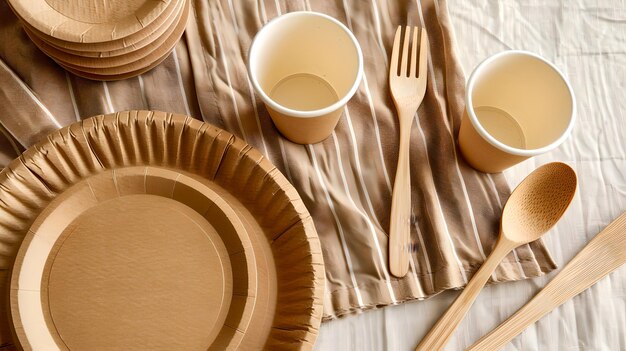 Ecofriendly tableware on a natural linen fabric biodegradable plates cups and utensils set for sustainable lifestyle perfect for zero waste picnics and parties ai