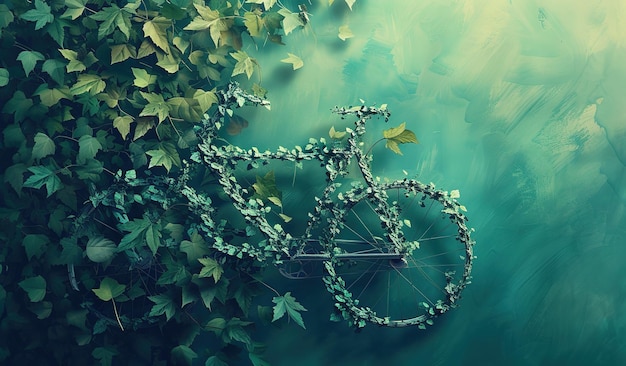 Ecofriendly transportation concept a bicycle covered in lush green leaves illustrating nature