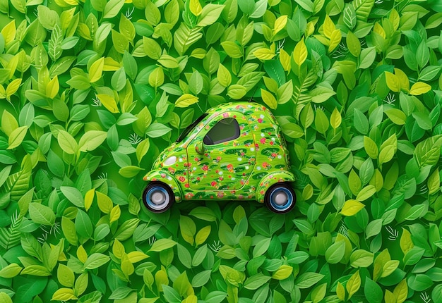 Foto concept di trasporto urbano ecologico auto moderna con fogliame verde rigoglioso che illustra l'armonia