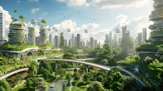 Ecofuturistic cityscape full with greenery parks and green spaces in urban area