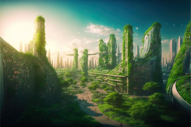 Ecofuturistic cityscape with green garden in modern city Digital illustration AI