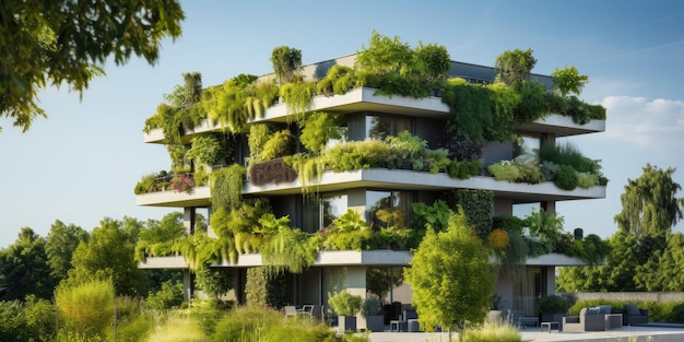 ecofuturistic landscape a lot of greenery growing on skyscrapers future Generative AI