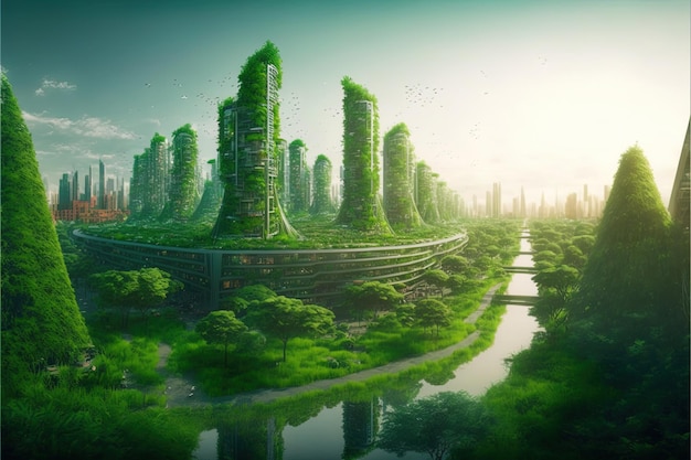 Ecofuturistisch stadsbeeld met groene tuin in moderne stad Digitale illustratie AI