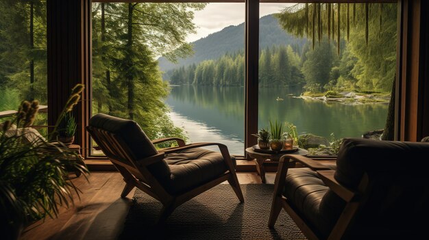 Photo ecolodge hotel interior with lake view