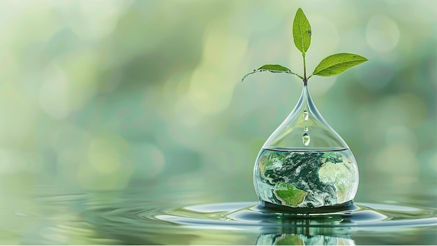 ecological balance and environment water glass with growing tiny plant