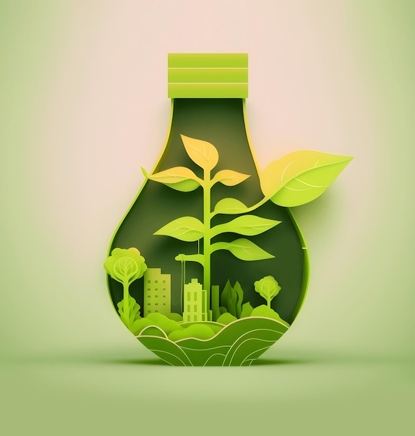 Ecological concept Green plants inside a light bulb Earth Day isolated object flat illustration