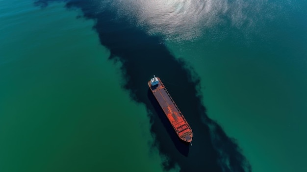 Ecological disaster oil spill in ocean near tanker top view Commercial delivery Water transport AI generated