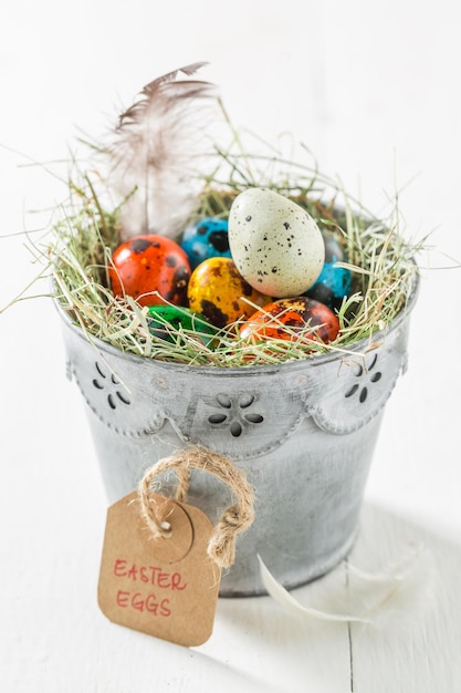 Ecological eggs for Easter with feathers and hay