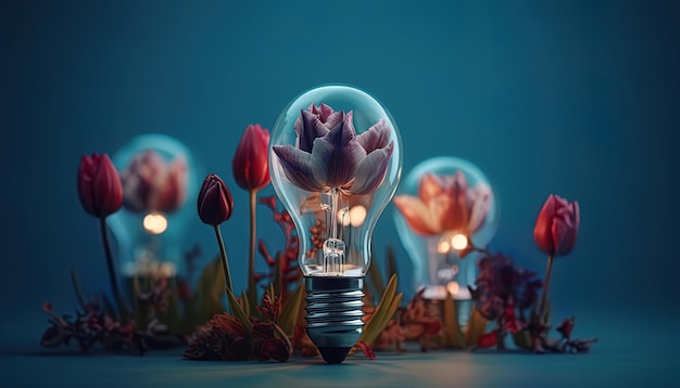Экологическая лампочка с цветами Скопируйте пространство и синий фон