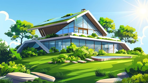 생태적 생활 풍요로운 푸른 잔디에 있는 상징적인 집, 빛에 목욕하는 지속가능한 아치