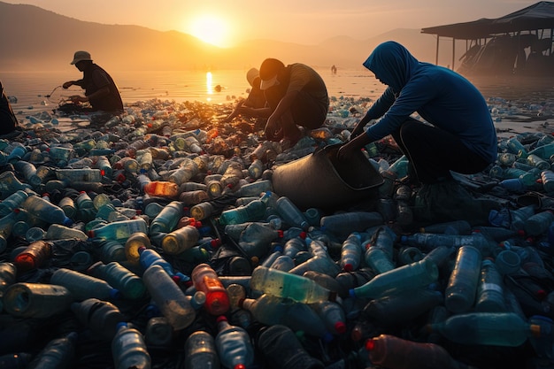 ecological organization volunteers collecting plastic bottles polluted sea Environment care concept