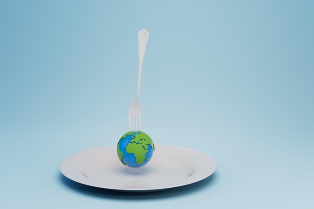 Ecological resources of the planet a plate with a planet pricked on a fork on a blue background 3D render