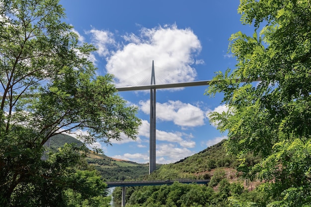 친환경적인 Millau Viaduct 및 숲의 녹색 단풍 Aveyron Occitania 남부 프랑스