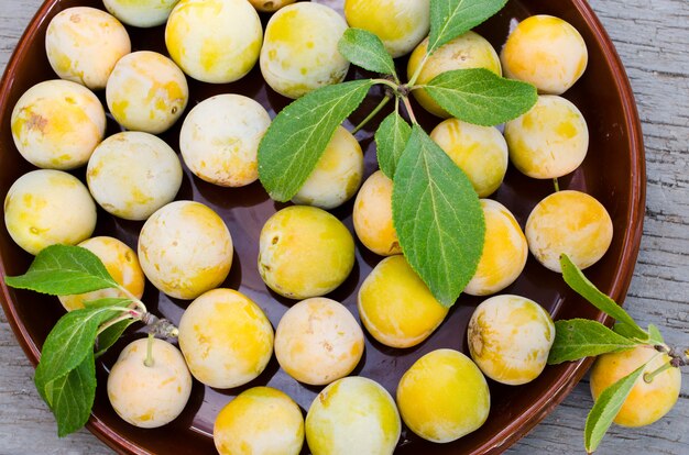 Ecologically grown yellow plums in a bowl. 