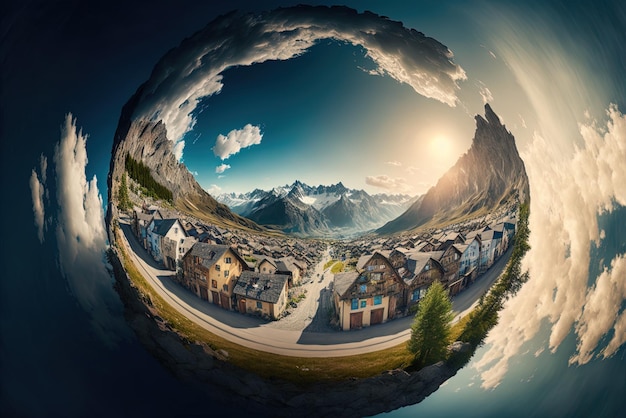 Ecologically stunning panoramic image of a little village in the mountains against a beautiful sky