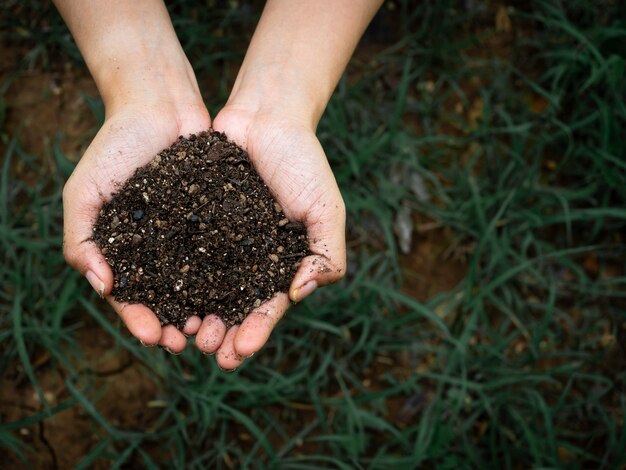 Ecologie concept. Close-up van vrouwelijke hand met organische bodem vol natuurlijke materie boven de donkergroene grasachtergrond met kopieerruimte.