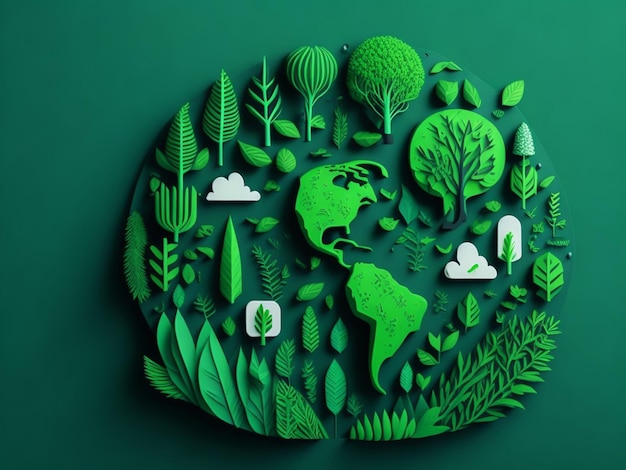 Ecologisch concept met wereldkaart in papier gesneden stijl op groene achtergrond