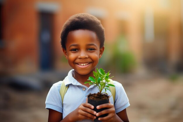 Ecologisch enthousiasme De vreugde van een kind dat een kleine boompje vasthoudt