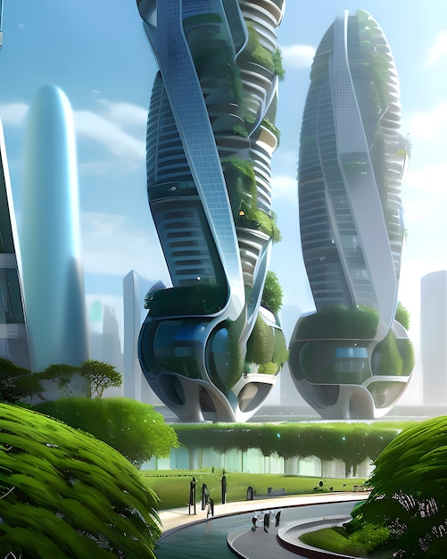 Ecologische groene en niet-vervuilende futuristische stad