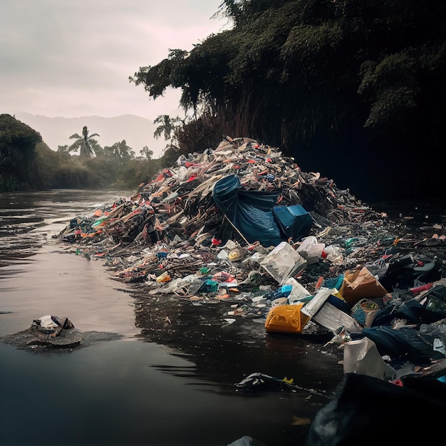 Ecologische ramp de rivier vervoert plastic afval Generative Ai