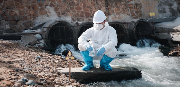 Ecologist sampling water toxic chemicals from river with test tube glass and have white smoke, Biologist wear protective suit and mask collects sample waste water from industrial, problem environment