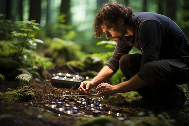 An ecologist uses network soil sensors to monitor the health of forest ecosystems