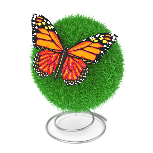 Концепция экологии. Милая бабочка с желтым и оранжевым цветами над шариком зеленой травы на белом фоне. 3d рендеринг