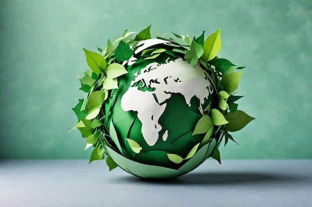 Ecology concept Earth globe made of green leaves on blue background