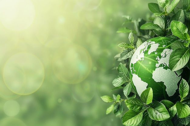 写真 エコロジーコンセプト 緑の葉とボケの背景の地球球