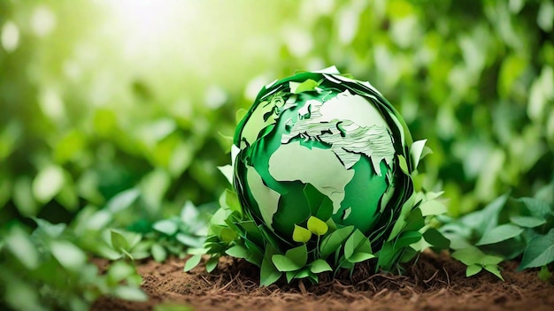 Ecology concept earth globe with green leaves on soil background