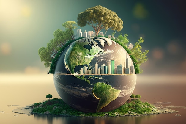 Ecology concept Earth planet with green city on the background Generative AI