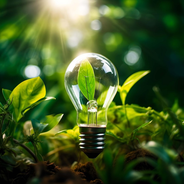 Foto concetto ecologico lampadina con pianta verde che cresce all'interno della natura sfondo ai generato