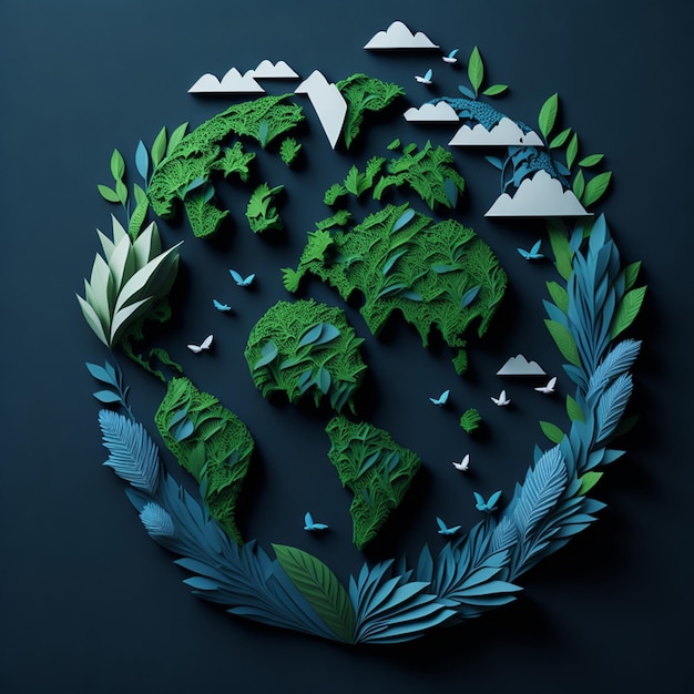 Ecology Concept Map of the world made of green leaves 3D illustration