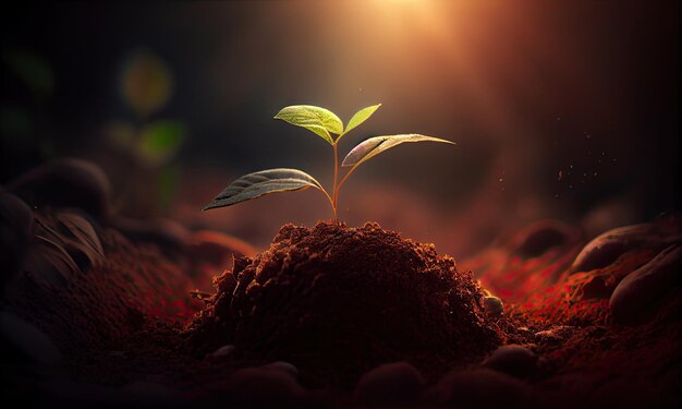 Ecology concept the seedling are growing from the rich soil to the morning sunlight generative AI