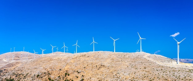 Ecology concept Wind turbines in the mountains on the Kefalonia island Greece