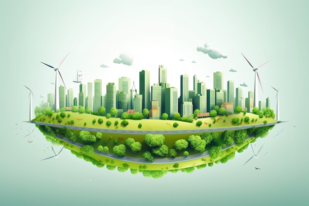 Ecology concept with green eco city on nature background