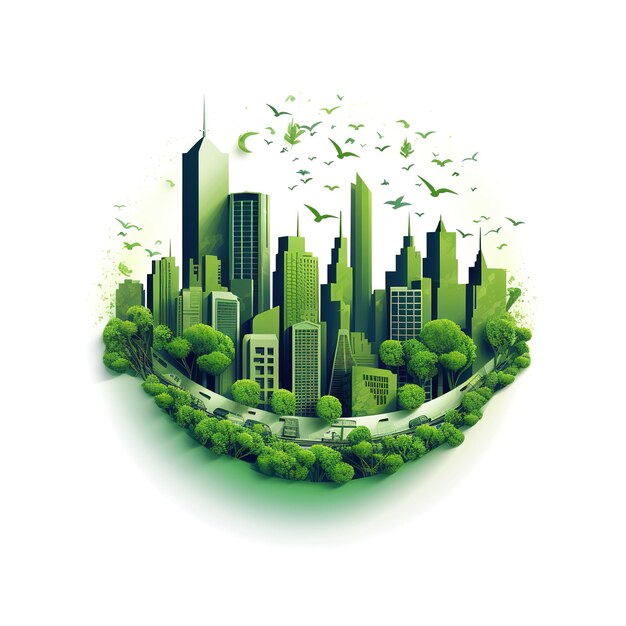 Ecology concept with green eco city on nature background