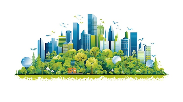 Ecology concept with green eco city on nature background