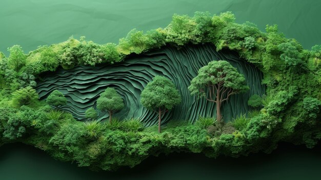 Ecology concept with green forest and trees 3D illustration Generative AI