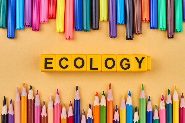 ECOLOGY inscription on yellow blocks and colored school supplies background