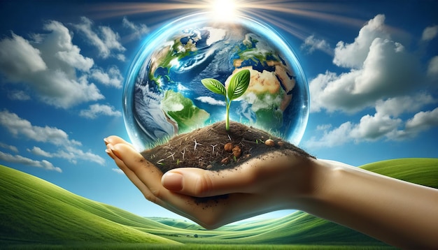 Ecology and nature theme globe and soil with green sprout